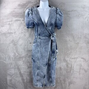 Retrofete Zelda Wrap Dress Womens Size Small‎ Blue Denim Puff Sleeve Wrap